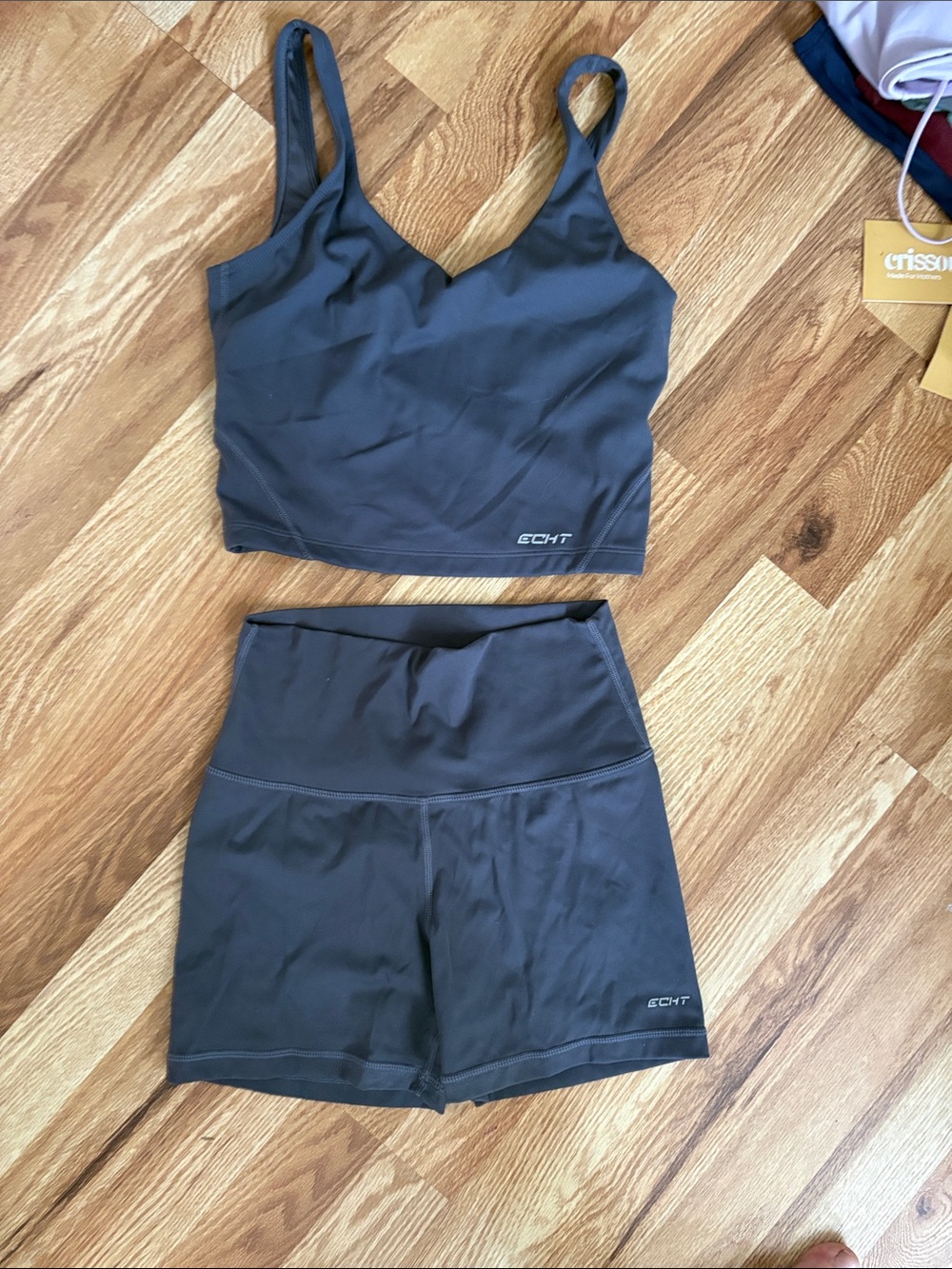 ECHT Charcoal Active Crop Top & High-Waist Shorts Set grey